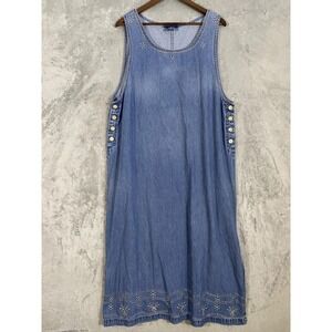 TY Wear Dress Sz 18W Blue Denim Jumper Embroidered Button Side Slits Pinafore‎